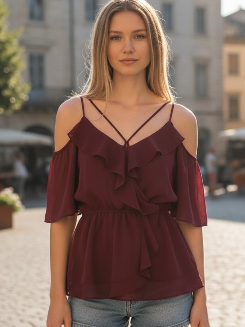 Francesca's Collections Burgundy Ruffle Top